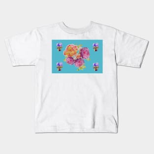 Shabby Chic Pink Rose on Teal Floral Pattern Kids T-Shirt